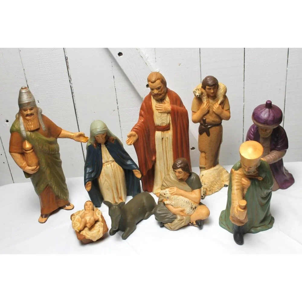 VTG 9pc Nativity Scene Set Ceramic Hand Painted Figures/Animals